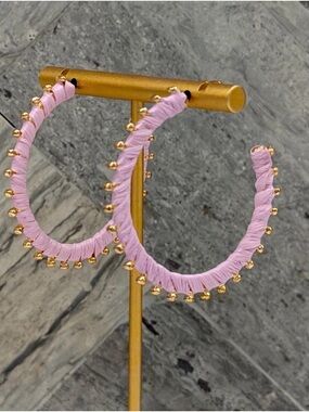 Lavender Raffia Wrapped Hoop Earrings with Gold Detail